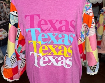 Upcycled Vintage Quilt Graphic Texas T-Shirt: Size XL