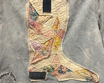 Upcycled Denim Shirt Jacket: Quilted Boot Applique, Western Rodeo Style