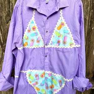 Cotton Button Up Bikini Coverup Shirt; Flip Flop Fabric Applique, Summer Wear, Size OS