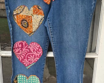 Upcycled Boho Jeans: Women's Size 12 Kantha Heart Patchwork Denim