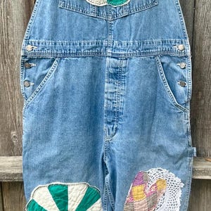 Upcycled Quilted Denim Overalls, Boho Patchwork Festival Jeans, Women\'s Size M-L