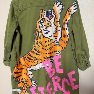 Upcycled Inspirational Patchwork Jacket; Tiger  Appliqué, Size M-L