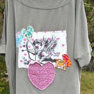 Upcycled Paint and Patchwork Art Top: Fabric Applique, Size L-XXL