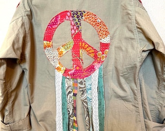 Upcycled Khaki Shirt Jacket: Patchwork Peace Sign, Kantha Fabric - Size M