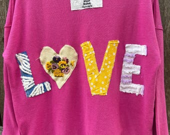 Upcycled Patchwork Sweatshirt: Vintage Appliqués, size M-L
