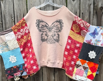 Upcycled Vintage Quilted Boho Poncho Top: Patchwork Sweatshirt, Cozy Comfy, Oversized, Fall Top, One Size
