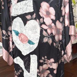 Upcycled Patchwork Silk Duster Kimono; Cottagecore, “Love” Applique, Size L/XL