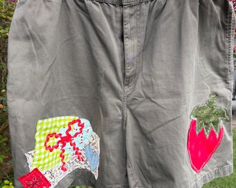 Upcycled Khaki Patchwork Shorts: Strawberry Appliqué, Plus Size