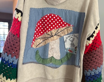 Upcycled Hoodie: Mushroom Patchwork, Blanket Sleeves, M-XL
