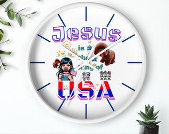 USA Flag Jesus Wall Clock, Religious Gift, Home Office Decor