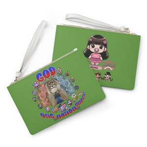May include: Green zippered pouch with a white zipper pull. The pouch has a colorful graphic of a lion with flowers and the words "GOD ONE NATION UNDER".