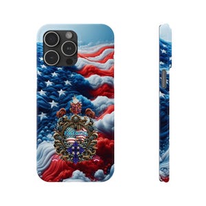 May include: A phone case with a red, white, and blue American flag design. The flag is depicted as a swirling cloud formation with a gold crest in the center. The crest features a shield with the words "America" and a cross.
