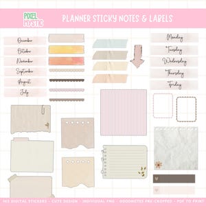May include: A set of 163 digital planner stickers featuring a variety of cute, vintage-inspired designs. The stickers include labels for days of the week, months of the year, and various shapes and sizes of notes. The stickers are pre-cropped for use in Goodnotes and can be printed for use in physical planners.