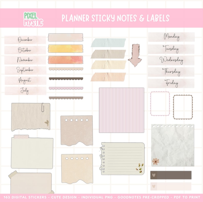 May include: A set of 163 digital planner stickers featuring a variety of cute, vintage-inspired designs. The stickers include labels for days of the week, months of the year, and various shapes and sizes of notes. The stickers are pre-cropped for use in Goodnotes and can be printed for use in physical planners.