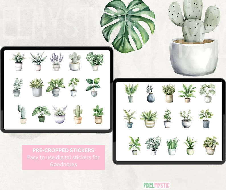 May include: A digital sticker set featuring 36 watercolor illustrations of various potted plants. The stickers are pre-cropped and ready to use in Goodnotes.