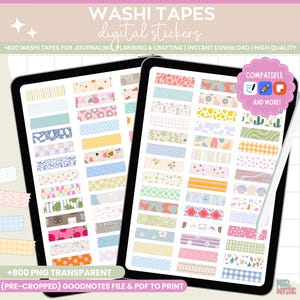 Może przedstawiać: Dwa tablety cyfrowe wyświetlające wzory taśmy washi. Tekst na ekranie brzmi "Washi Tapes Digital Stickers". Projekty obejmują różne wzory i kolory. Obraz zawiera również tekst "+800 PNG Transparent" i "Compatible and More!"