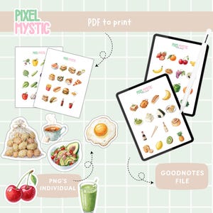 Puede incluir: Un conjunto de pegatinas digitales que presentan varias ilustraciones de alimentos, incluyendo un huevo frito, ensalada de aguacate, una bolsa de patatas, una taza de t&eacute;, un batido y cerezas. Las pegatinas est&aacute;n dise&ntilde;adas para su uso en planificadores digitales y aplicaciones de toma de notas. La imagen tambi&eacute;n muestra las pegatinas en formato PDF para imprimir y en archivos PNG individuales.