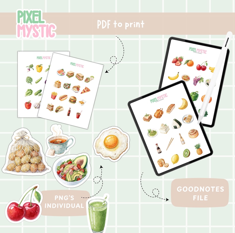 Puede incluir: Un conjunto de pegatinas digitales que presentan varias ilustraciones de alimentos, incluyendo un huevo frito, ensalada de aguacate, una bolsa de patatas, una taza de t&eacute;, un batido y cerezas. Las pegatinas est&aacute;n dise&ntilde;adas para su uso en planificadores digitales y aplicaciones de toma de notas. La imagen tambi&eacute;n muestra las pegatinas en formato PDF para imprimir y en archivos PNG individuales.