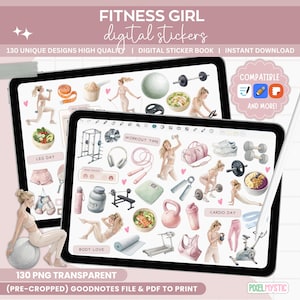 Könnte beinhalten: Digitale Sticker mit Fitness-Themen, die auf zwei Tablets angezeigt werden. Die Sticker zeigen Trainingsgeräte, gesunde Lebensmittel und trainierende Frauen. Der Text enthält "FITNESS GIRL digital stickers", "130 UNIQUE DESIGNS HIGH QUALITY".