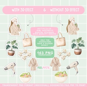 May include: A set of 163 watercolor digital stickers featuring a girl in a bathrobe, a plant, a tote bag, dumbbells, a hairdryer, a bowl of salad, and text that says "Watercolor Girl Aesthetic Digital Stickers High-Quality Images" and "Only the characters have a sticker effect" and "163 PNG Transparent" and "PixelMystic".