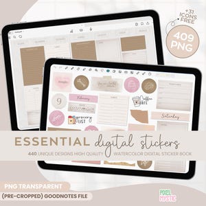 May include: A digital sticker book with 440 unique designs. The stickers are in a watercolour style and feature a variety of themes, including coffee, food, and everyday life. The stickers are pre-cropped for use in the Goodnotes app. The text on the image reads "ESSENTIAL digital stickers 440 UNIQUE DESIGNS HIGH QUALITY WATERCOLOUR DIGITAL STICKER BOOK PNG TRANSPARENT (PRE-CROPPED) GOODNOTES FILE".