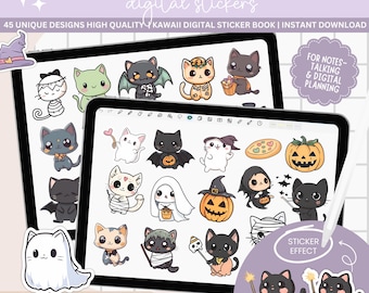 Kawaii Halloween Cat Stickers: Digital Planner, Goodnotes (PNG, PDF)