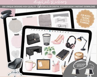 May include: A digital sticker book with 230 unique designs featuring watercolor illustrations of office supplies, including a desk, chair, lamp, coffee cup, and a potted plant. The stickers are designed for use in digital planners and note-taking apps.