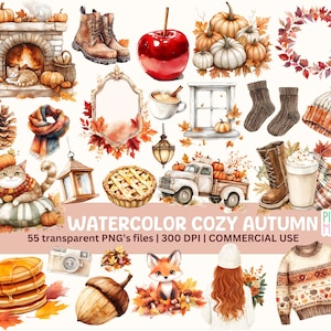 Watercolor Autumn digital Stickers, Cozy Autumn individual PNG, Trendy Fall Png, Cozy Watercolor Fall, Watercolor Cozy Autumn Planner