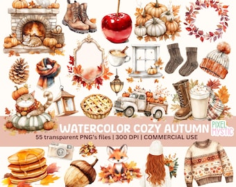 Puede incluir: Un conjunto de 55 ilustraciones de acuarela con temas acogedores de otoño. Las ilustraciones incluyen una chimenea, calabazas, un gato, un camión, un pastel, un zorro, un suéter, una linterna, una taza de café, una corona, una manzana roja, un par de botas, un sombrero, una bufanda, una cámara, una pila de panqueques, una bellota y una ventana.