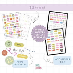 May include: Digital planner stickers in pastel colors. Includes sticker sheets, individual PNGs, and a GoodNotes file. The image features stickers for notes, movie nights, and the month of September. Text on the image says "PDF to print" and "Perfect stickers for love planners."