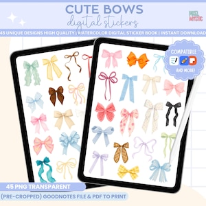 Puede incluir: Dos tabletas digitales muestran una colección de lazos de acuarela en varios colores y patrones. El texto "CUTE BOWS digital stickers" está en la parte superior. La imagen incluye el texto "45 UNIQUE DESIGNS HIGH QUALITY" y "45 PNG TRANSPARENT".