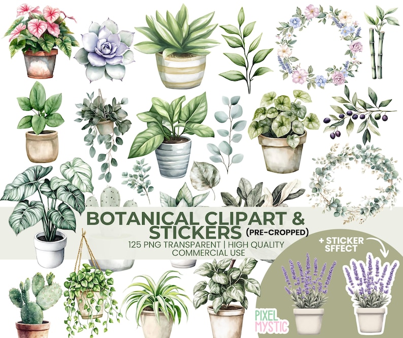 May include: A set of 125 watercolor clipart and sticker images featuring various plants, flowers, and greenery. The images are pre-cropped and transparent, making them perfect for digital projects.