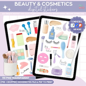 May include: Digital stickers featuring beauty and cosmetic products, including makeup brushes, skincare items, and lipsticks. The image includes text that says "Beauty & Cosmetics" and "digital stickers". The stickers are designed for digital use.