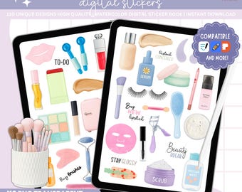 Watercolor Beauty Digital Stickers: Makeup & Skincare (GoodNotes, PDF)