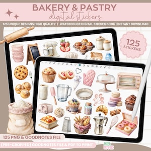 May include: A digital sticker book featuring 125 watercolour illustrations of bakery and pastry items. The stickers include images of cakes, cookies, doughnuts, bread, pastries, and baking tools. The stickers are pre-cropped and ready to use in Goodnotes and other digital note-taking apps.