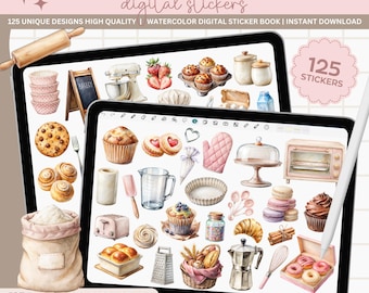 Watercolor Bakery Digital Stickers: 125 PNG & Goodnotes (PDF)