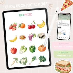 Puede incluir: Una pantalla de tableta digital que muestra una cuadr&iacute;cula de ilustraciones de acuarela de varias frutas, verduras y alimentos. El texto "FOLLOW US ON SOCIAL MEDIA" est&aacute; en la parte superior de la pantalla. El texto "PIXELMYSTIC" est&aacute; en la parte superior de la pantalla. El texto "INSTAGRAM PIXELMYSTIC.STUDIO" est&aacute; debajo de la tableta. El texto "PINTEREST PIXELMYSTICCC" est&aacute; debajo de la tableta.