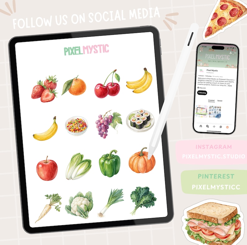 Puede incluir: Una pantalla de tableta digital que muestra una cuadr&iacute;cula de ilustraciones de acuarela de varias frutas, verduras y alimentos. El texto "FOLLOW US ON SOCIAL MEDIA" est&aacute; en la parte superior de la pantalla. El texto "PIXELMYSTIC" est&aacute; en la parte superior de la pantalla. El texto "INSTAGRAM PIXELMYSTIC.STUDIO" est&aacute; debajo de la tableta. El texto "PINTEREST PIXELMYSTICCC" est&aacute; debajo de la tableta.