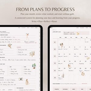 Puede incluir: Dos pantallas de tableta digital que muestran una interfaz de planificador. La pantalla izquierda muestra una p&aacute;gina de revisi&oacute;n y reinicio del cuarto trimestre con listas. La pantalla derecha muestra un calendario de enero de 2027 con notas.