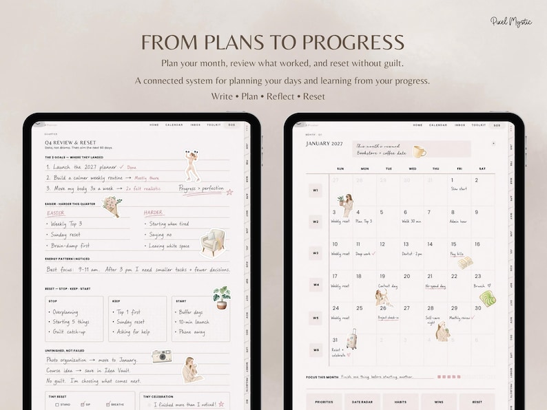 Puede incluir: Dos pantallas de tableta digital que muestran una interfaz de planificador. La pantalla izquierda muestra una p&aacute;gina de revisi&oacute;n y reinicio del cuarto trimestre con listas. La pantalla derecha muestra un calendario de enero de 2027 con notas.