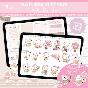Cute sakura Kawaii kittens, Spring kittens digital stickers, Cute GoodNotes Planner Stickers, cat digital stickers, goodnotes stickers