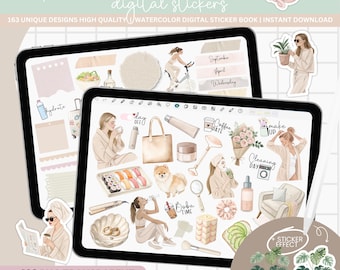 160 Girl Aesthetic Digital Stickers for GoodNotes, Cute Feminine Planner Stickers, Precropped PNG iPad Stickers, That Girl Lifestyle Pack