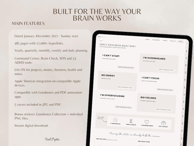Puede incluir: Una agenda digital en la pantalla de una tableta con un panel titulado How's Your Brain Right Now y opciones como I Can't Start e I'm Overwhelmed. El texto enumera 485 p&aacute;ginas, m&aacute;s de 12.000 hiperv&iacute;nculos y herramientas para el TDAH.
