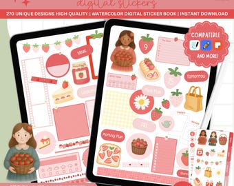 Kawaii Strawberry Digital Stickers: GoodNotes Planner, Watercolor PNG (PDF & GoodNotes Files)
