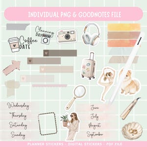 May include: A set of digital planner stickers featuring illustrations of a coffee cup, a camera, headphones, a suitcase, a woman doing yoga, a dog, a magnifying glass, a plant, a woman with sunglasses, a calendar with the months June through September, a hair straightener, and a shell with rings. The stickers are in a variety of colors, including pink, brown, beige, and white.