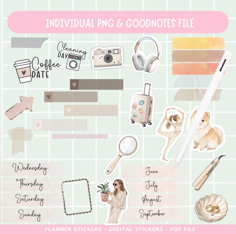 May include: A set of digital planner stickers featuring illustrations of a coffee cup, a camera, headphones, a suitcase, a woman doing yoga, a dog, a magnifying glass, a plant, a woman with sunglasses, a calendar with the months June through September, a hair straightener, and a shell with rings. The stickers are in a variety of colors, including pink, brown, beige, and white.
