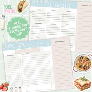 Puede incluir: Un conjunto imprimible de planificador de comidas y tarjetas de recetas con un esquema de color azul claro y beige. El planificador incluye un horario de comidas semanal con espacio para escribir las comidas para cada d&iacute;a de la semana. La tarjeta de receta tiene secciones para ingredientes, instrucciones y notas. El planificador y la tarjeta de receta est&aacute;n decorados con ilustraciones de comida en acuarela.