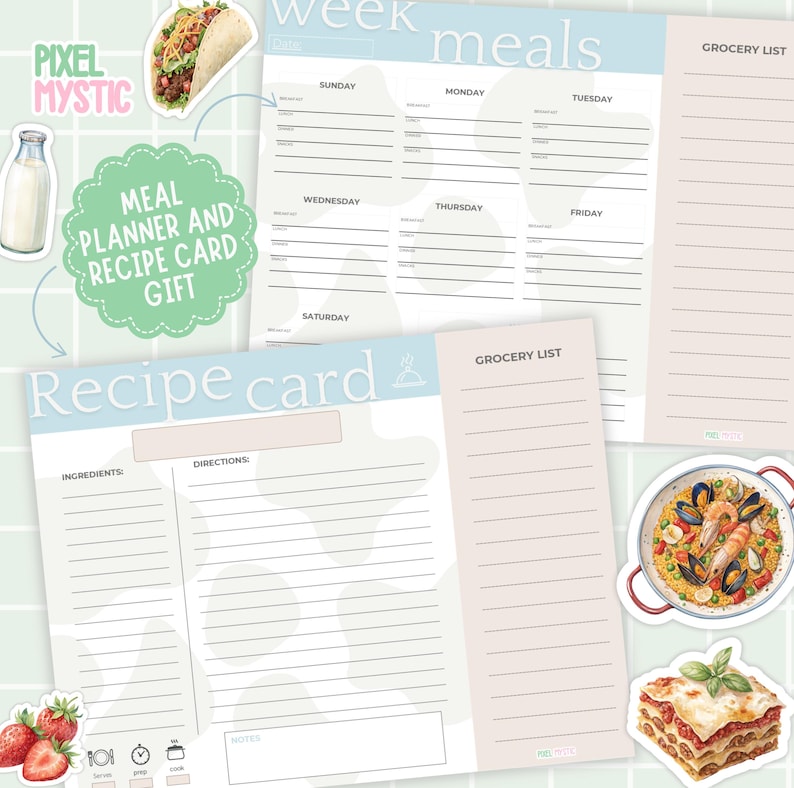 Puede incluir: Un conjunto imprimible de planificador de comidas y tarjetas de recetas con un esquema de color azul claro y beige. El planificador incluye un horario de comidas semanal con espacio para escribir las comidas para cada d&iacute;a de la semana. La tarjeta de receta tiene secciones para ingredientes, instrucciones y notas. El planificador y la tarjeta de receta est&aacute;n decorados con ilustraciones de comida en acuarela.