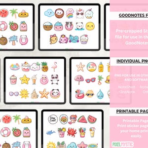 以下が含まれることがあります： 夏をテーマにしたかわいい漫画のイラストが描かれた、36個のデジタルステッカーのセット。アイスクリーム、スイカ、サングラス、フラミンゴなど、さまざまな夏のアイテムが描かれています。GoodNotesアプリだけでなく、他のアプリやソフトウェアでも使用できます。このセットには、家庭用プリンターで使用できる印刷可能なページも含まれています。