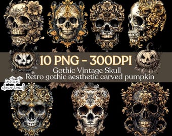 May include: Ten digital images of gothic vintage skull and carved pumpkin designs. The skulls are adorned with ornate gold and black floral patterns. The pumpkins are carved with intricate designs and have a golden glow.